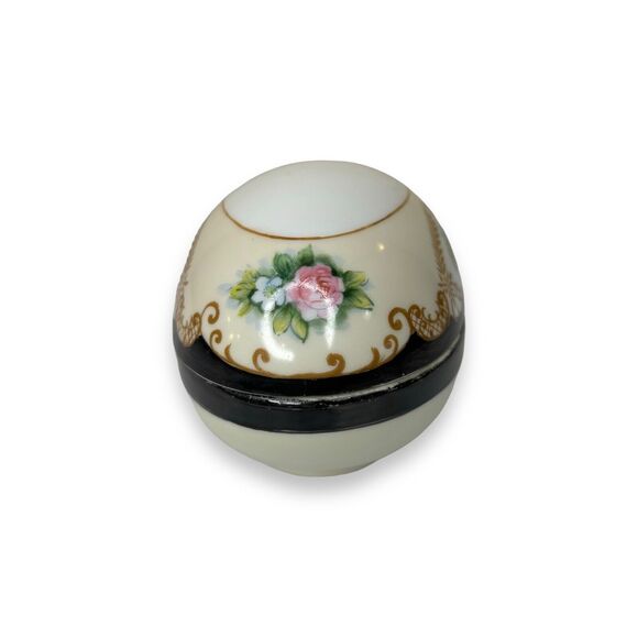 VTG Hand-Painted Porcelain China Egg Trinket Dish Floral Black Ivory "M" Japan - Picture 4 of 8